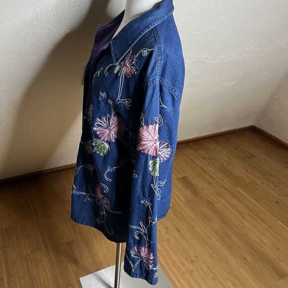 Vintage Denim Shirt Jacket Womens Medium Floral Beaded Embroidery - Picture 7 of 9